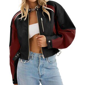 Womens Black Tankaneo Leather Bomber Jacket Cropped Color Block Fall Casual
